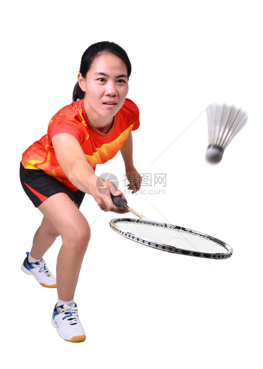 在白背景中孤立的羽毛球玩家喜悦训练乐趣游戏运动球拍女士行动锻炼活动图片
