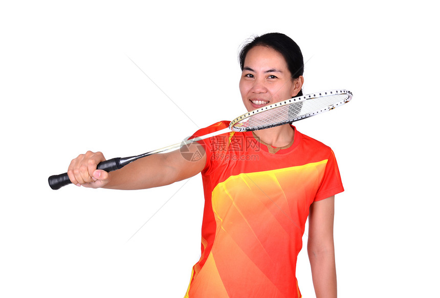 在白背景中孤立的羽毛球玩家行动活动乐趣锻炼闲暇冒充女孩成人球拍喜悦图片