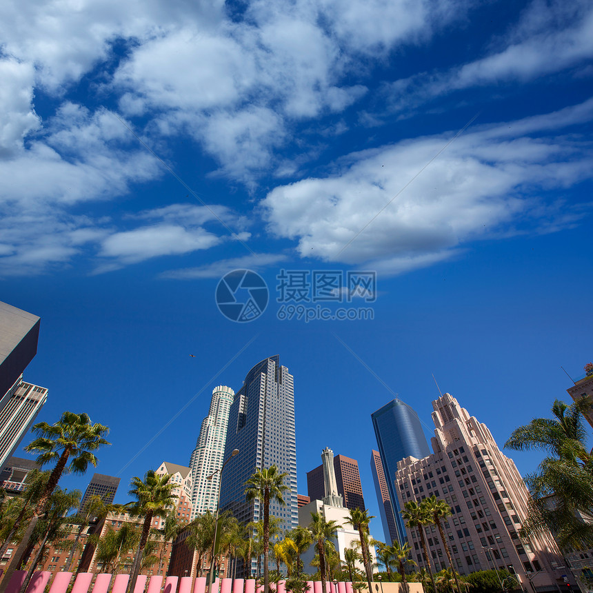 LA 洛杉矶市中心Pershing广场棕榈树景观旅行职场商业高楼市中心建筑学建筑物天际棕榈图片