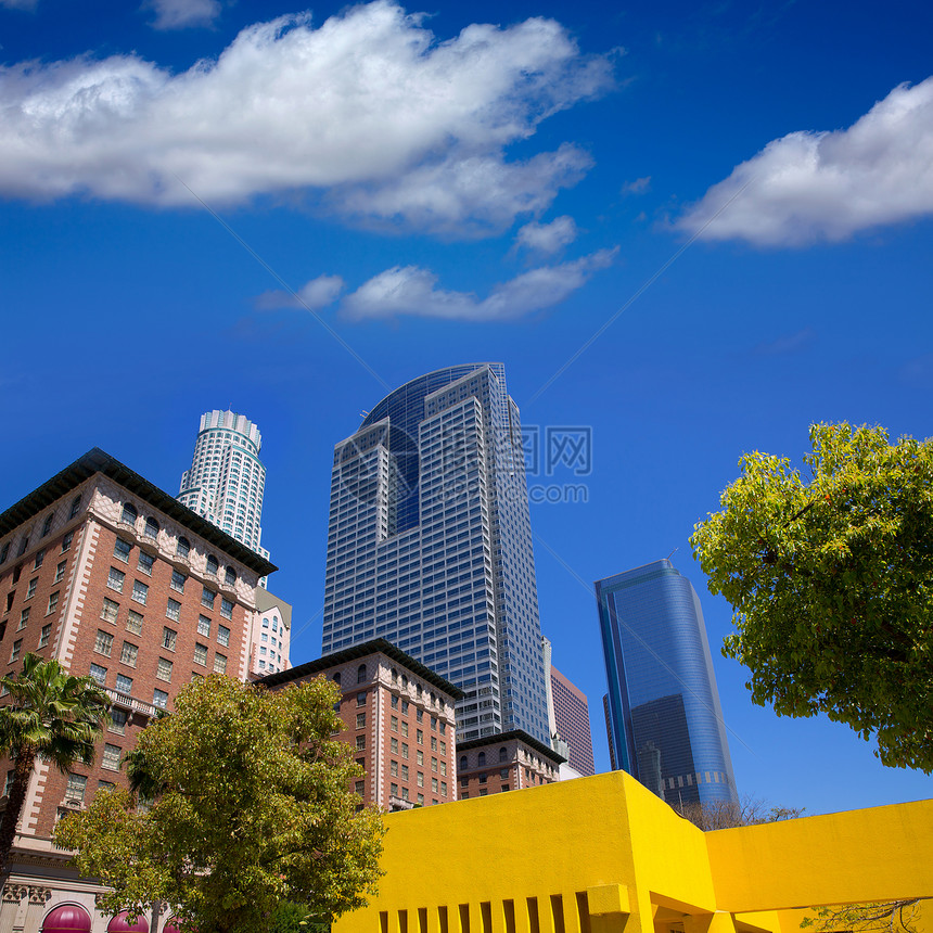 LA 洛杉矶市中心Pershing广场棕榈树职场天空城市市中心正方形办公室商业地标景观中心图片