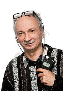 高级摄影师眼睛眼镜男性成年人套装老年白色微笑男人灰色背景图片