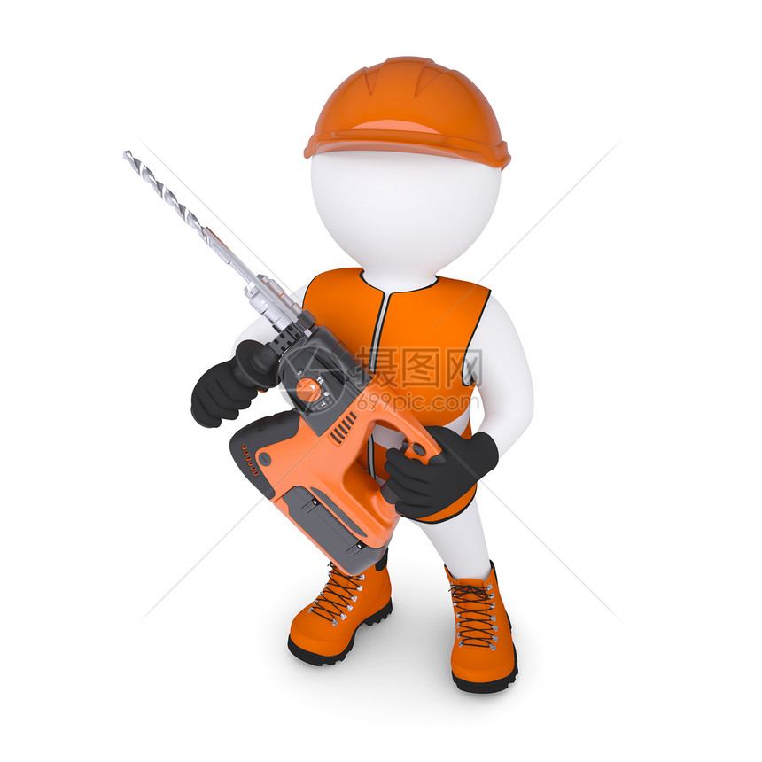 3D男子 持电动穿孔器塑料电缆维修橙子插图背心木偶木材男人职业图片