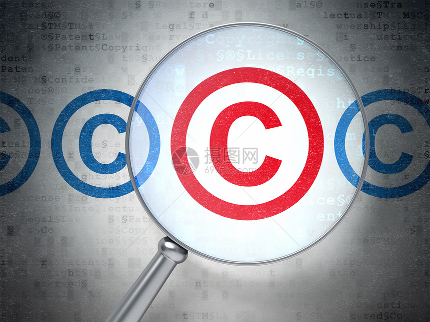 法律概念 在数字背景上以光玻璃进行版权专利数据红色财产商业执法国际蓝色技术机密图片