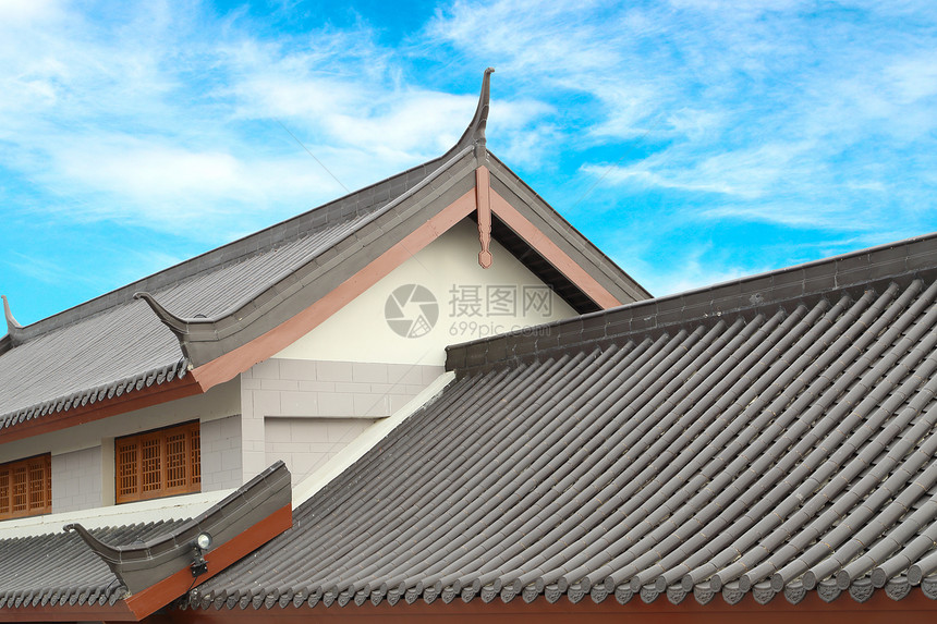 中华传统屋顶天空旅行旅游寺庙蓝色角落木头历史性佛教徒文化图片