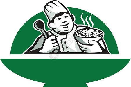 长柄厨勺汤勺子肥厨厨师 保有碗勺汤瑞特罗插图绿色帽子服务食品男人食物工人男性插画