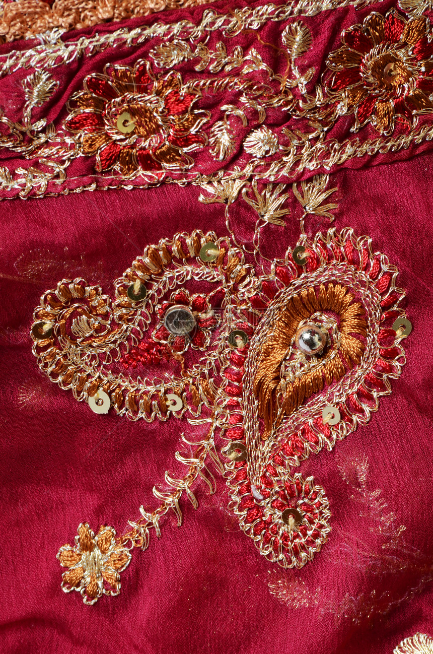 印面织物金子粉色红色薄纱奢华绣花刺绣紫色珠子装饰图片