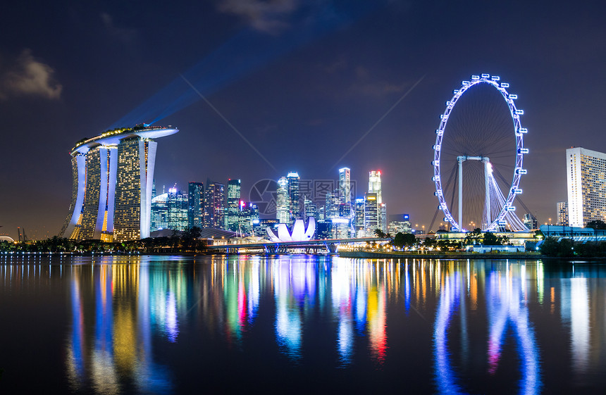 新加坡夜间的天线办公楼摩天大楼商业办公室摩天轮景观车轮城市灯展金融图片