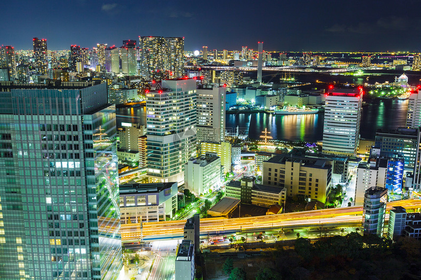 晚上东京市风景场景港区城市市中心鸟瞰图建筑学金融建筑物都市大楼图片