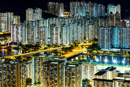 香港市晚上公寓民众公寓楼建筑鸟瞰图景观住宅居所人口天际公共居所高清图片素材