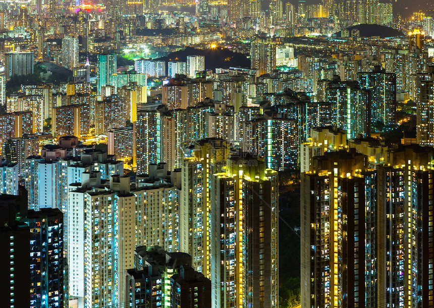 香港市晚上天际鸟瞰图居所公寓市中心建筑住宅景观民众城市图片