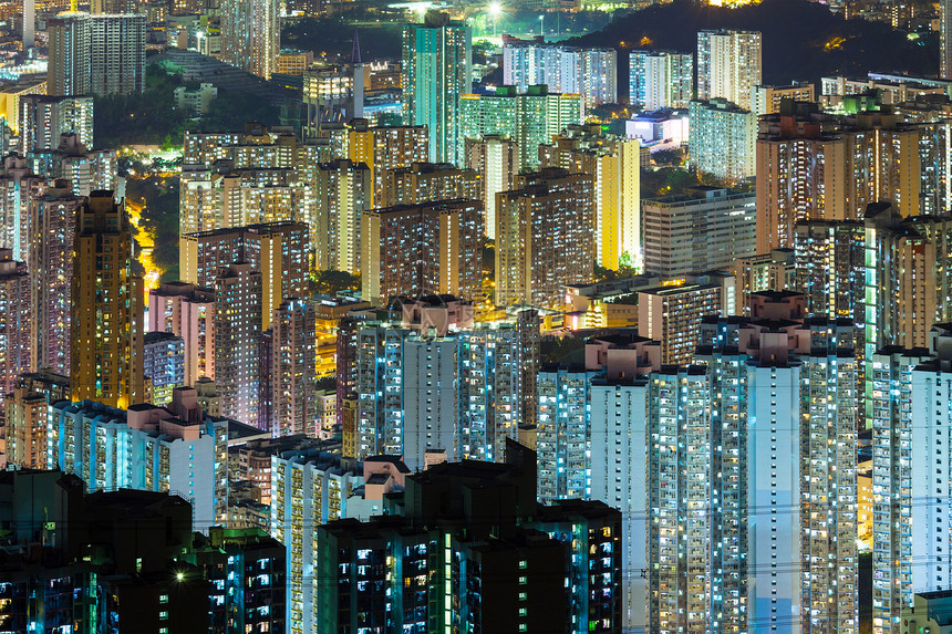 晚上在香港市风景住宅鸟瞰图公寓民众居所房屋景观公寓楼天际城市图片