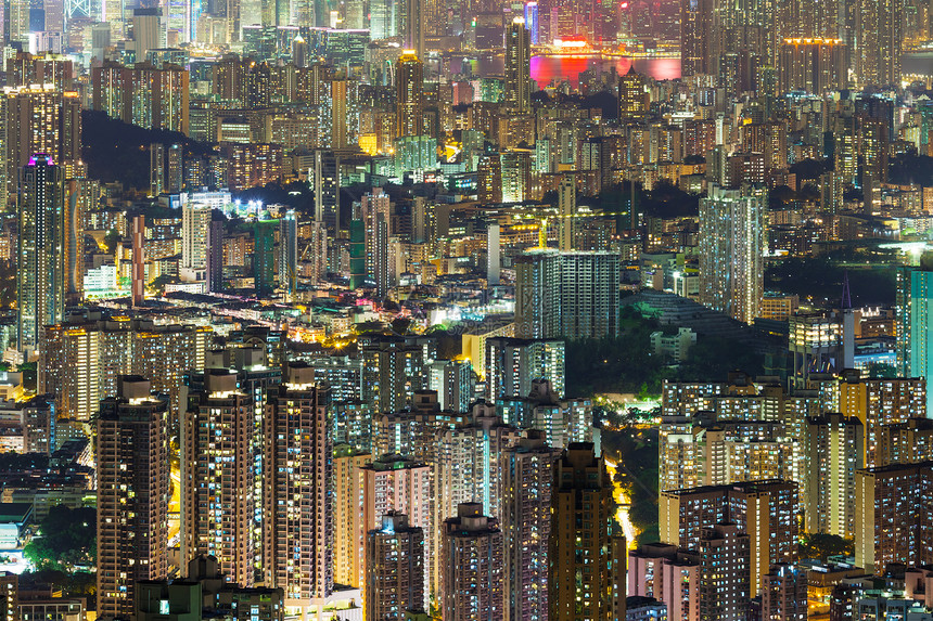 晚上在香港市风景市中心建筑居所房屋公寓楼天线民众鸟瞰图景观公寓图片