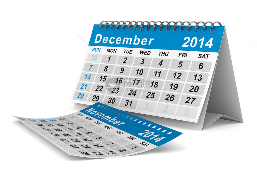 2014年日历 2014年12月商业活页夹日记办公室公告依恋数字床单蓝色笔记本图片