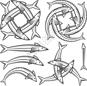 象征主义鱼图标卡通片插图三角形黑色椎骨鱼骨洗礼插画