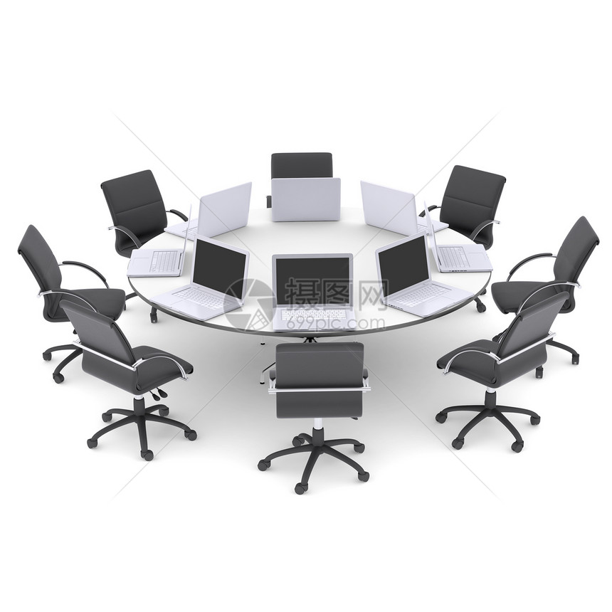 办公室圆桌和椅子上的笔记本电脑首席座位监视器木板会议职业扶手椅成功技术商业图片