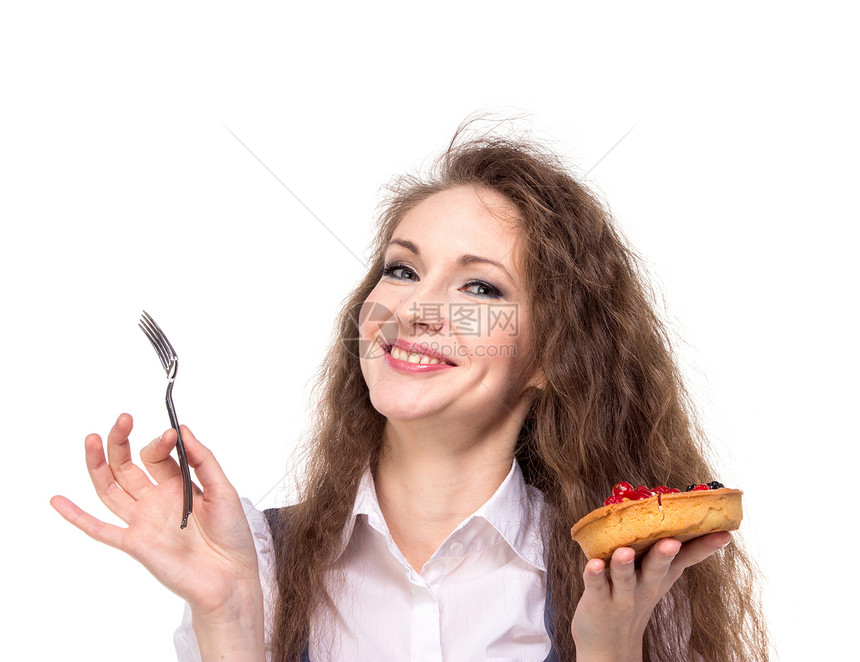 女人享受蛋糕女性油炸食物垃圾水果微笑早餐商业糕点甜点图片