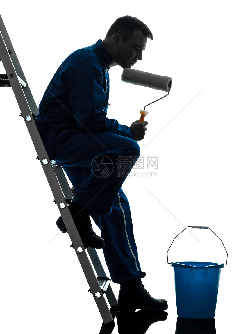 工人工薪劳动者的轮廓白色梯子思维绘画成人滚筒成年人房屋油漆工画家图片