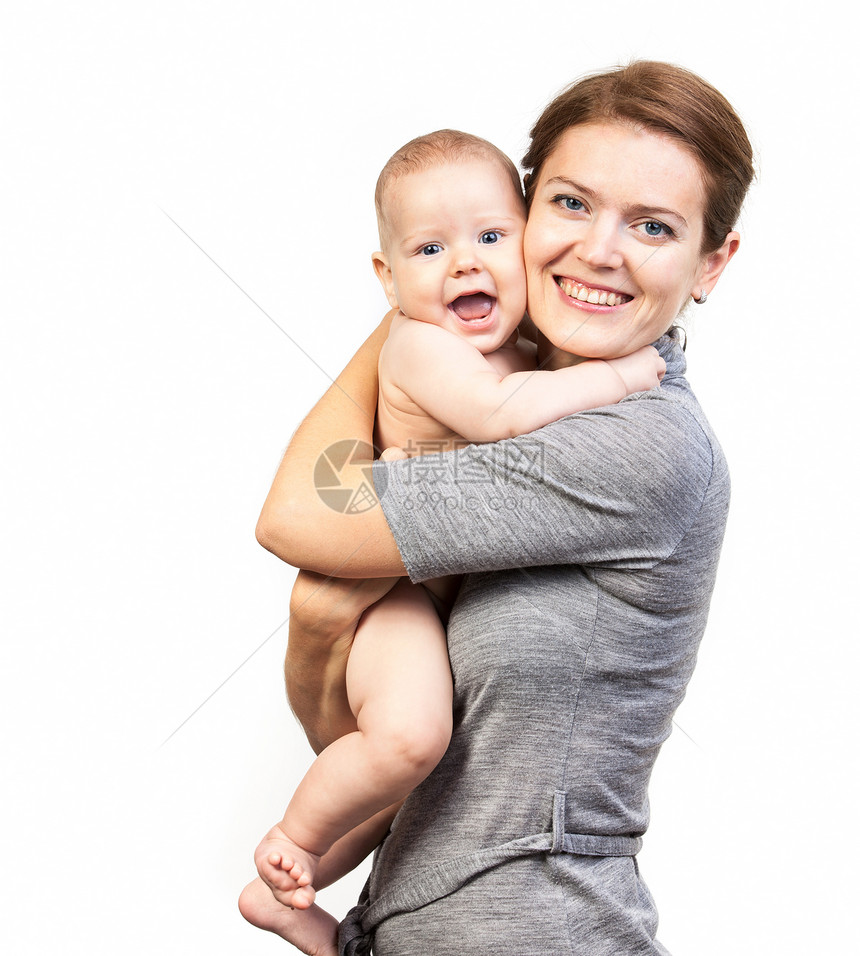 年轻的高加索妇女及其子孙幸福快乐婴儿母亲妈妈童年母性乐趣微笑育儿工作室女性图片