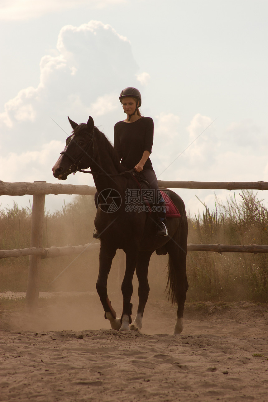 女孩乘坐火车女士踪迹骑师小跑学习动物骑士农场马术喜悦图片