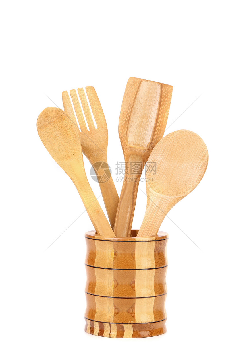 一个罐子里的木制厨房用具家庭棕色白色木头工作室勺子贮存团体陶器厨具图片