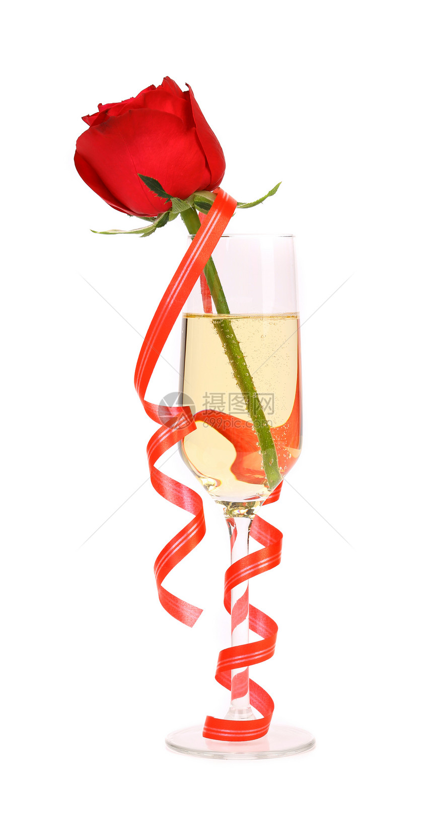 红玫瑰在香槟和纸卷的杯子里玫瑰工作室气泡长笛玻璃白色红色嘶嘶酒精饮料图片