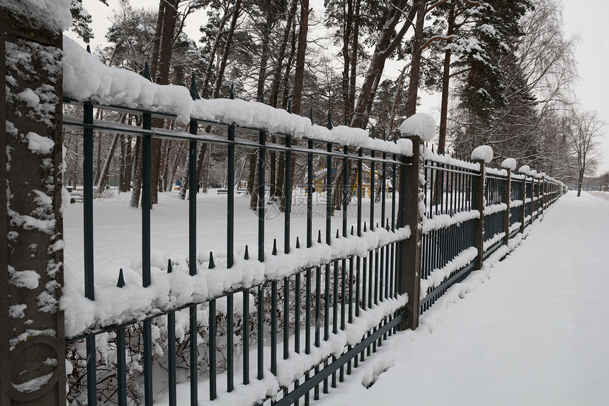 公园中的积雪城市降雪栅栏暴风雪季节街道金属天气白色孤独图片