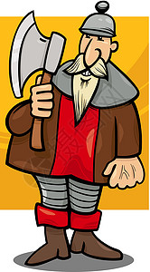 锁子甲带斧轴动画插图的骑士守望者站立斧头头盔卡通片男人金属漫画数字吉祥物插画