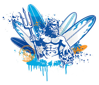 三叉戟gmidion 冲浪器雕像绘画男人蓝色神话胡须自豪海滩海浪冲浪者背景