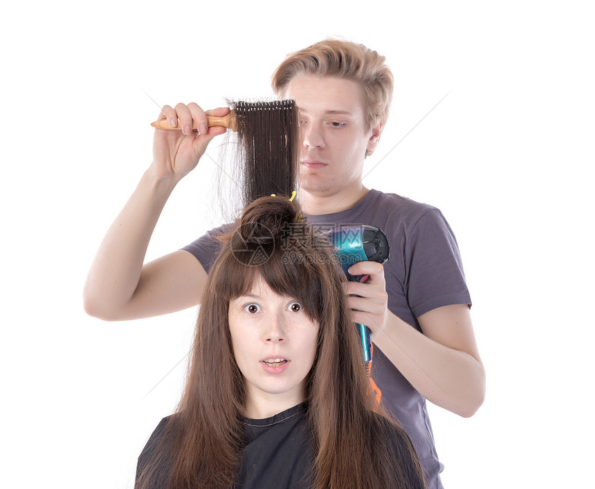 女人喜欢吹发光的滋味刷子沙龙发型发型设计享受极乐吹风机黑发造型师外貌图片