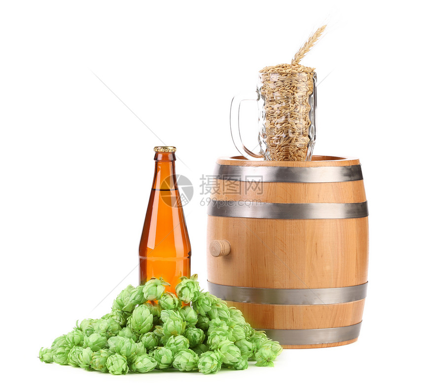 酒杯杯加大麦和一瓶啤酒收成植物学麦芽小穗狼疮软木谷物生产苦味啤酒厂图片