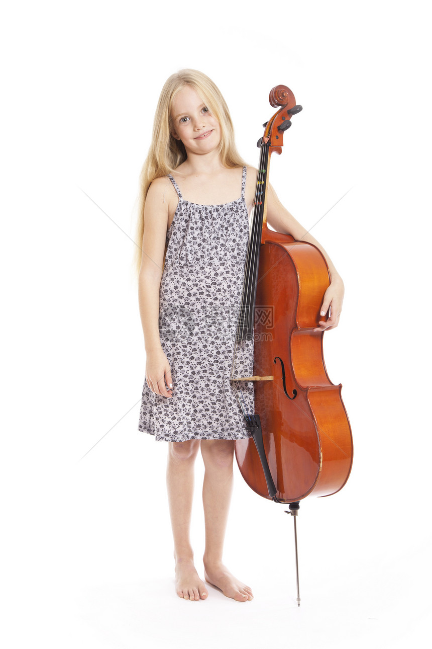 身着服装和大提琴的少女女孩字符串女性裙子音乐会白色细绳喜悦幸福音乐图片