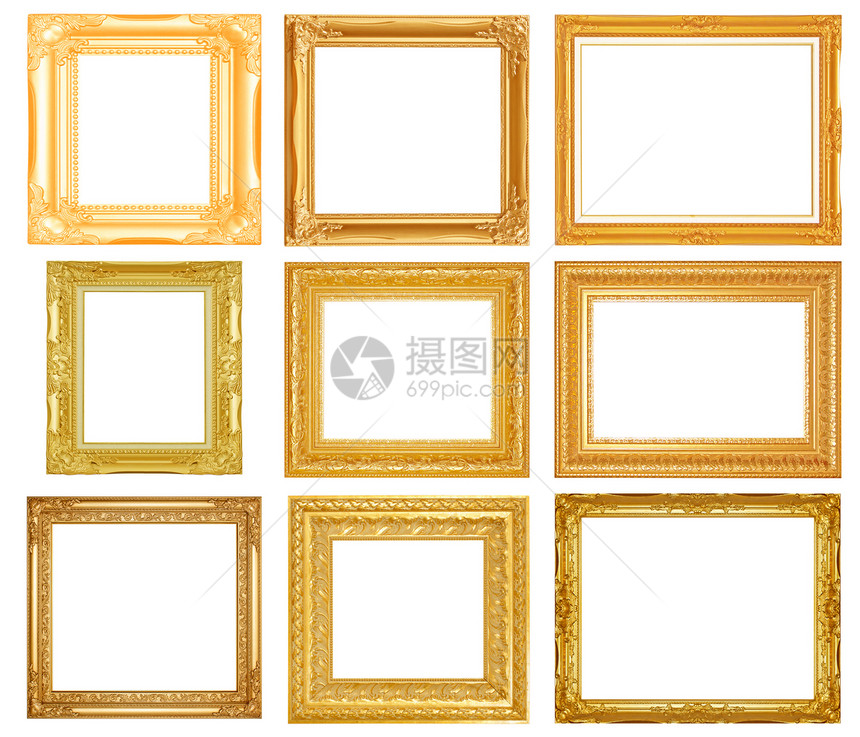 设置白色背景上孤立的图片框架画廊边缘木框展览照片金框正方形收藏边界金属图片