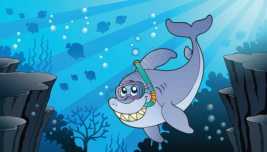潜水海洋带有鲨鱼主题1的图片插画