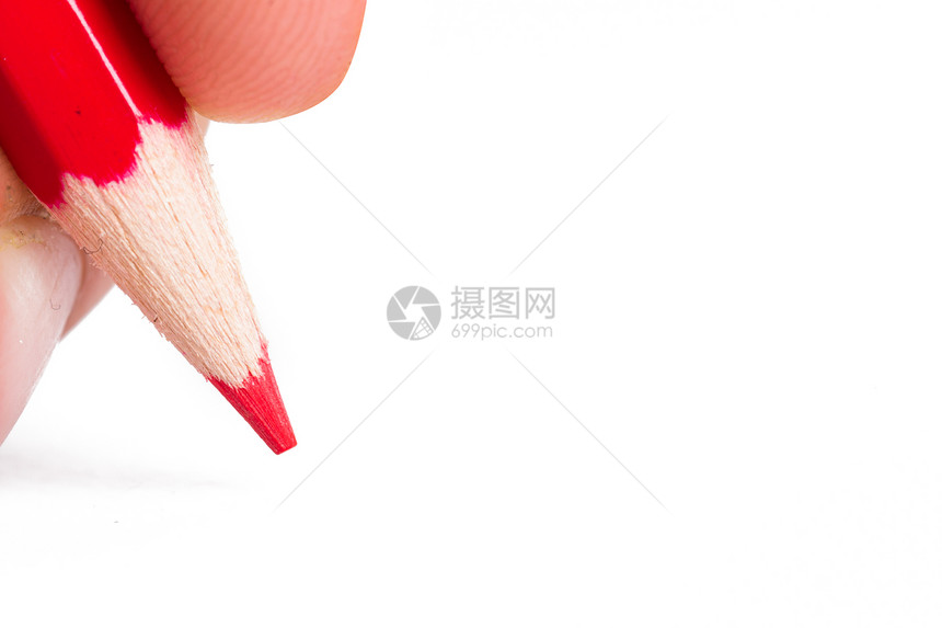 持有红铅笔的手红色绘画白色宏观空白素描艺术写作办公室图片