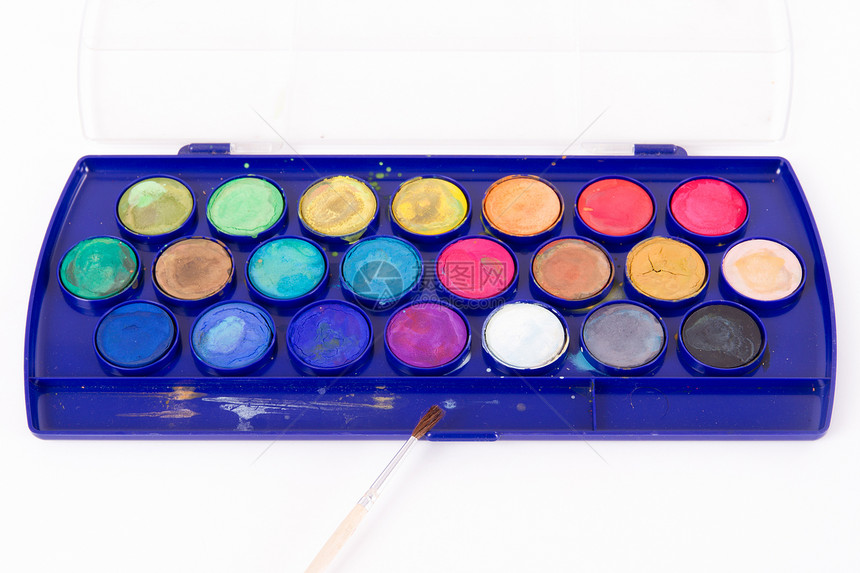 水彩画盒艺术家教育粉色油漆创造力红色蓝色对象孩子学习图片