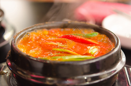 泡菜汤辣椒美食食物猪肉豆腐红色蔬菜背景图片