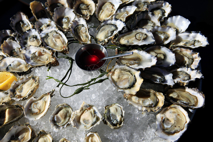 冰上开阔的牡蛎壳类食物午餐海鲜盘子营养奢华熟食贝类餐厅图片