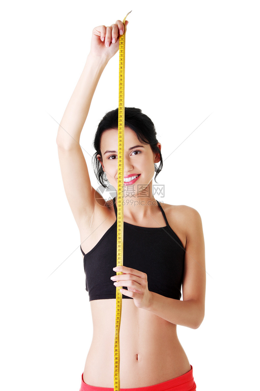 迷人的瘦瘦女人 有测量胶带身体卷尺成人女士减肥肥胖饮食节食重量腹部图片
