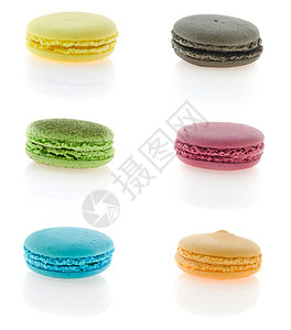 法国马卡龙美食黄色奶油蓝色甜点绿色糕点粉色食物白色背景图片