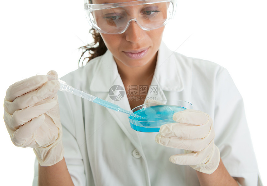 在实验室中进行测试吸管实验盘子混血液体化学家药品生物学工作女性图片