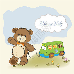 儿童生日邀请函带有可爱泰迪熊的婴儿淋浴卡正方形玩具熊鸭子周年公告洗礼玩具孩子淋浴纪念日插画