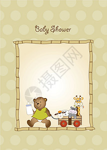牛奶浴婴儿淋浴贺卡庆典运输童年卡通片邀请函河马公告生日玩具熊洗礼插画