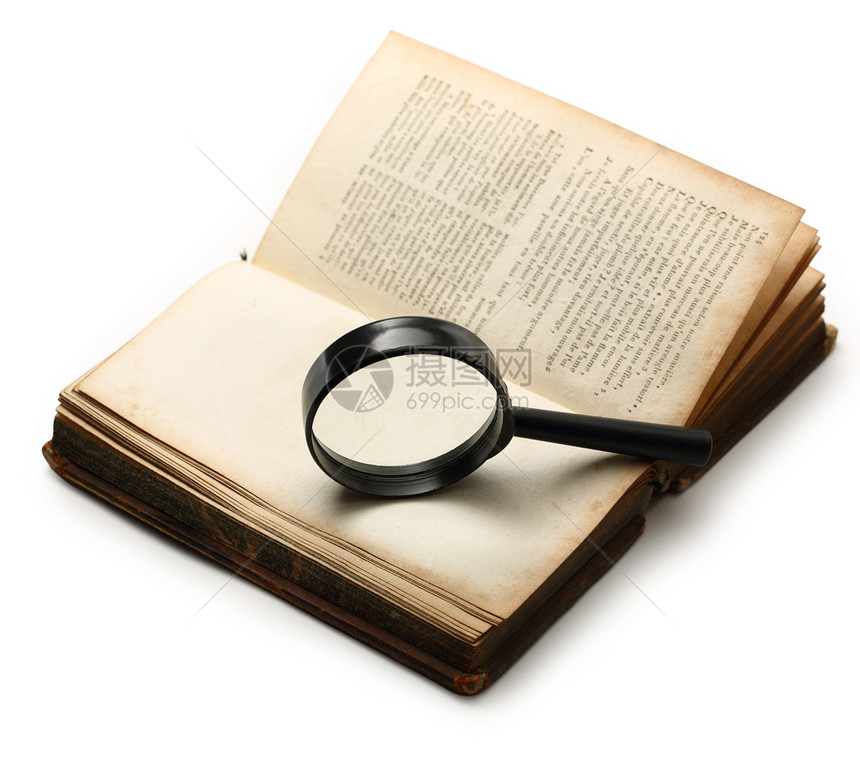 放大镜和白色背景的旧书Name棕色智慧图书馆学习文学工作黑色历史知识科学图片