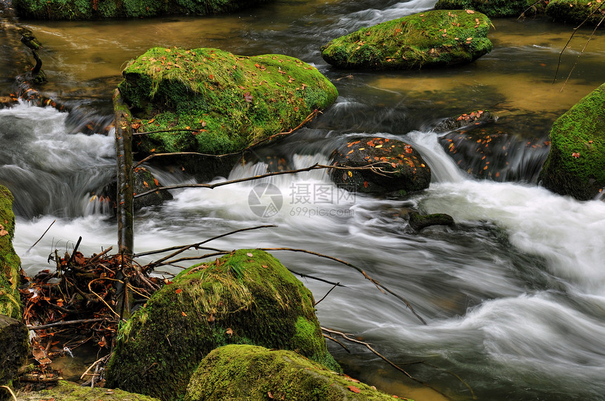 含有石头的秋季河风景海浪流动蓝色场景瀑布森林荒野洪水运动图片