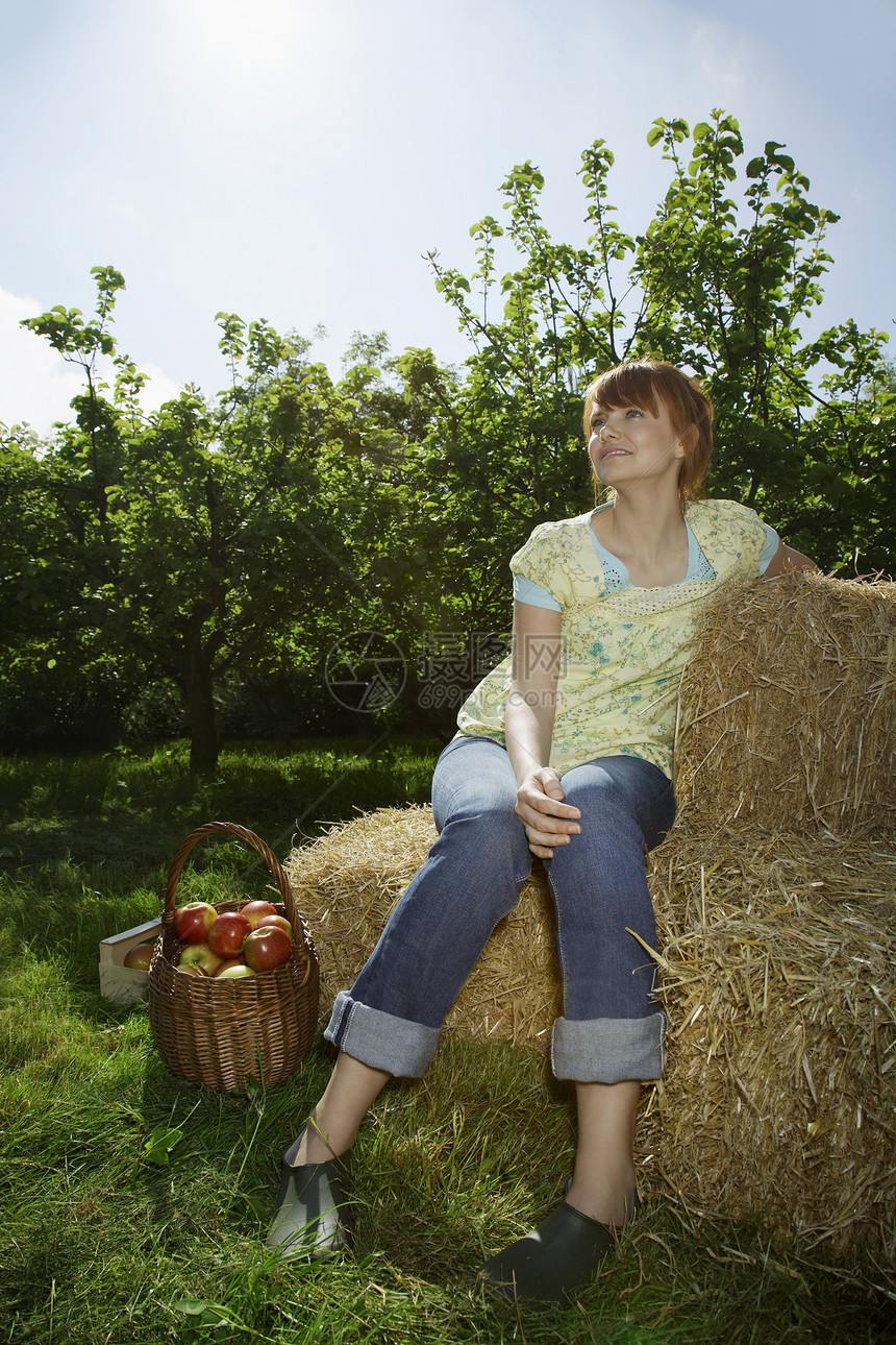 坐在果园附近的干草篮上 满身深思熟虑的年轻女子图片