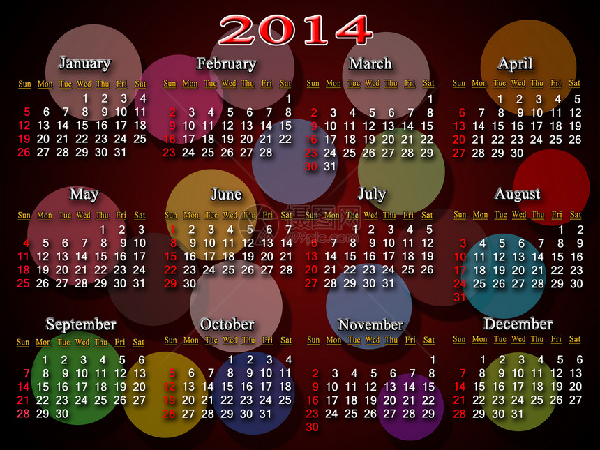 2014年日历 多彩圆环2014年商业圆形时间议程数字组织会议日记季节密码图片