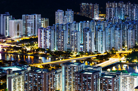 香港市晚上居所房屋建筑公寓楼民众住房公寓人口天际鸟瞰图锡高清图片素材