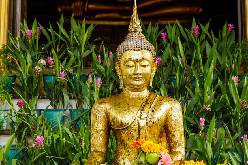 寺庙中的金佛像长袍建筑学宗教数字佛教徒纪念碑历史奉献雕塑文化图片