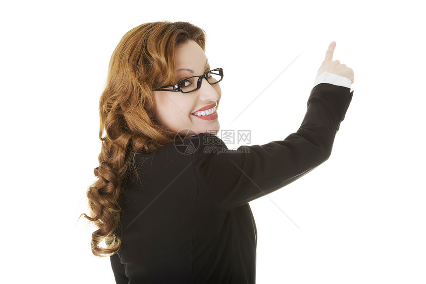 美丽的商业女郎指着复制空间商务产品女士人士快乐棕色手臂笔记本情绪化手势图片