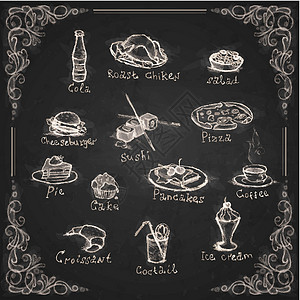 轻芝士蛋糕纸板上的菜单的设计要素 笑声可乐寿司煎饼木板涂鸦午餐商业咖啡店早餐冰淇淋设计图片